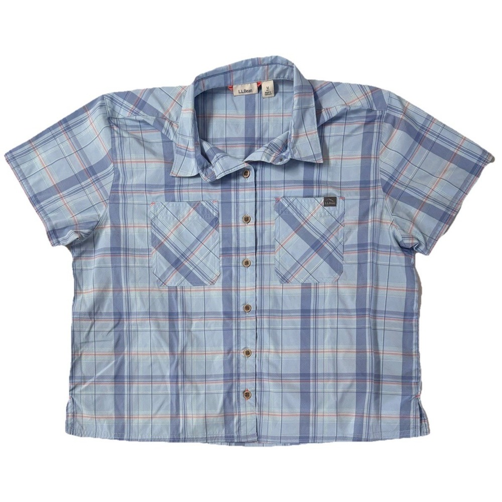 L.L.Bean Everyday SunSmart Shirt Womens M Petite MP Blue Plaid Woven UPF 517806